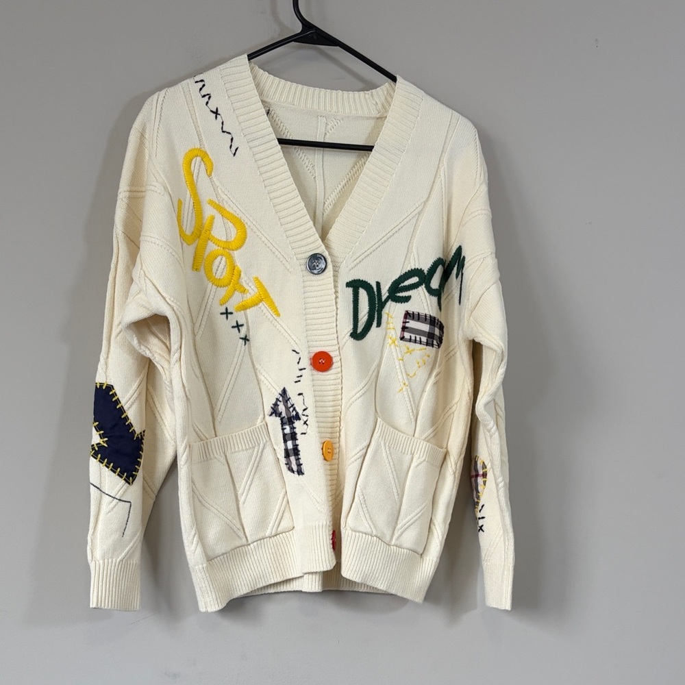 Ebossy Cable Knit Cardigan Sweater Cream Patchwork Sport Dream Button Sz XS NEW